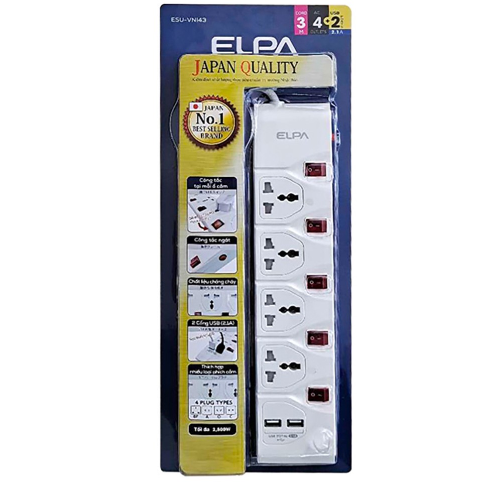 Ổ cắm điện ELPA ESU-VNI43, 4 ổ điện, 5 công tắc, 3m, 2xUSB