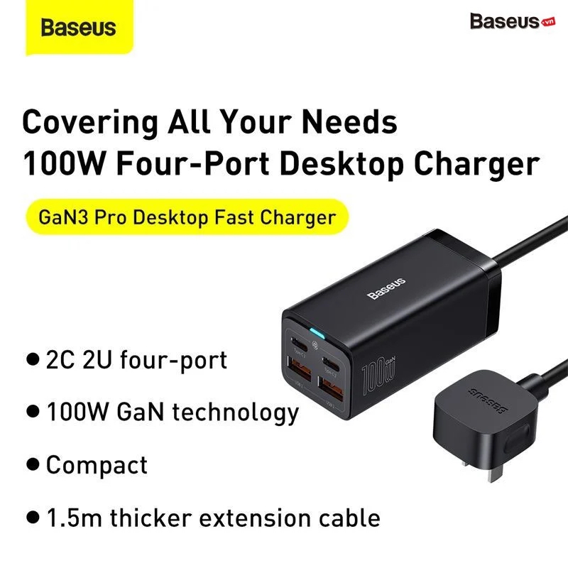 Bộ Sạc Nhanh Baseus 100W GaN3 Pro Desktop Fast Charger 4 in 1 (Quick-Charge-4.0-QC-3.0-PD-AFC)
