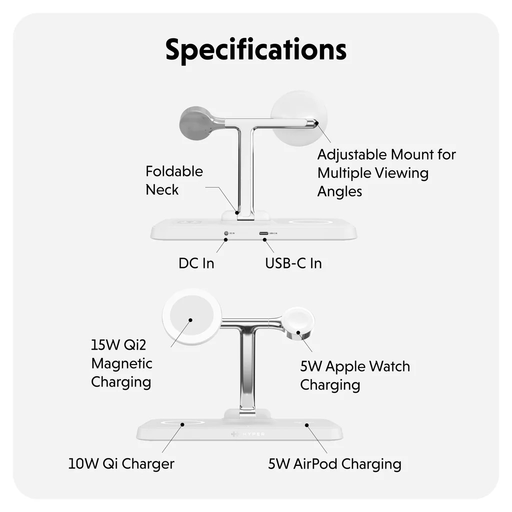 Bộ sạc không dây HyperJuice Next Qi2 4-in-1 Magnetic Charging Stand (kèm adapter sạc 45w)