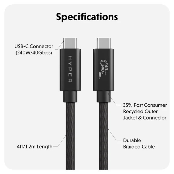 Cáp USB4 HyperDrive 1.2m Braided Performance USB-C TO USB-C